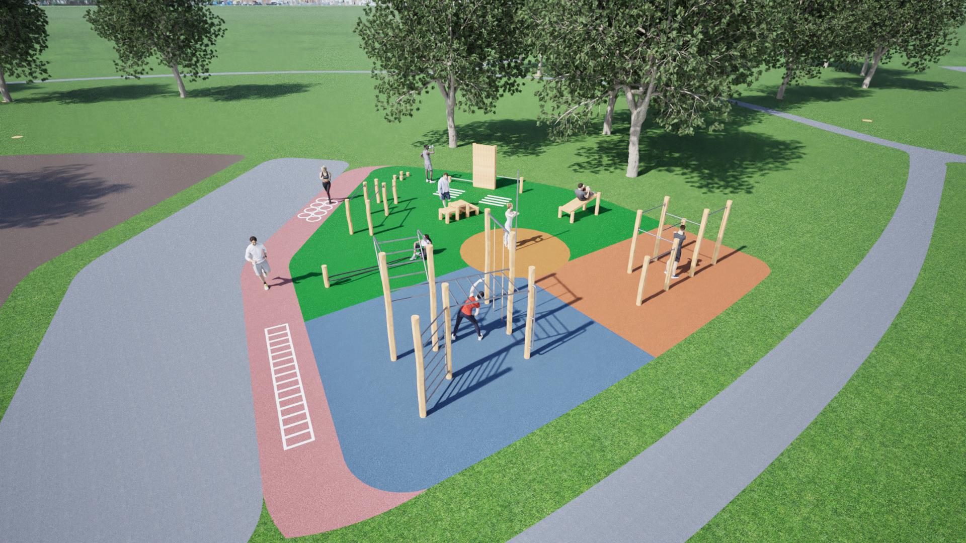 Ontwerpvisualisatie van de vijf gekleurde beweegzones tussen de bomen in Park ’t Loverveld