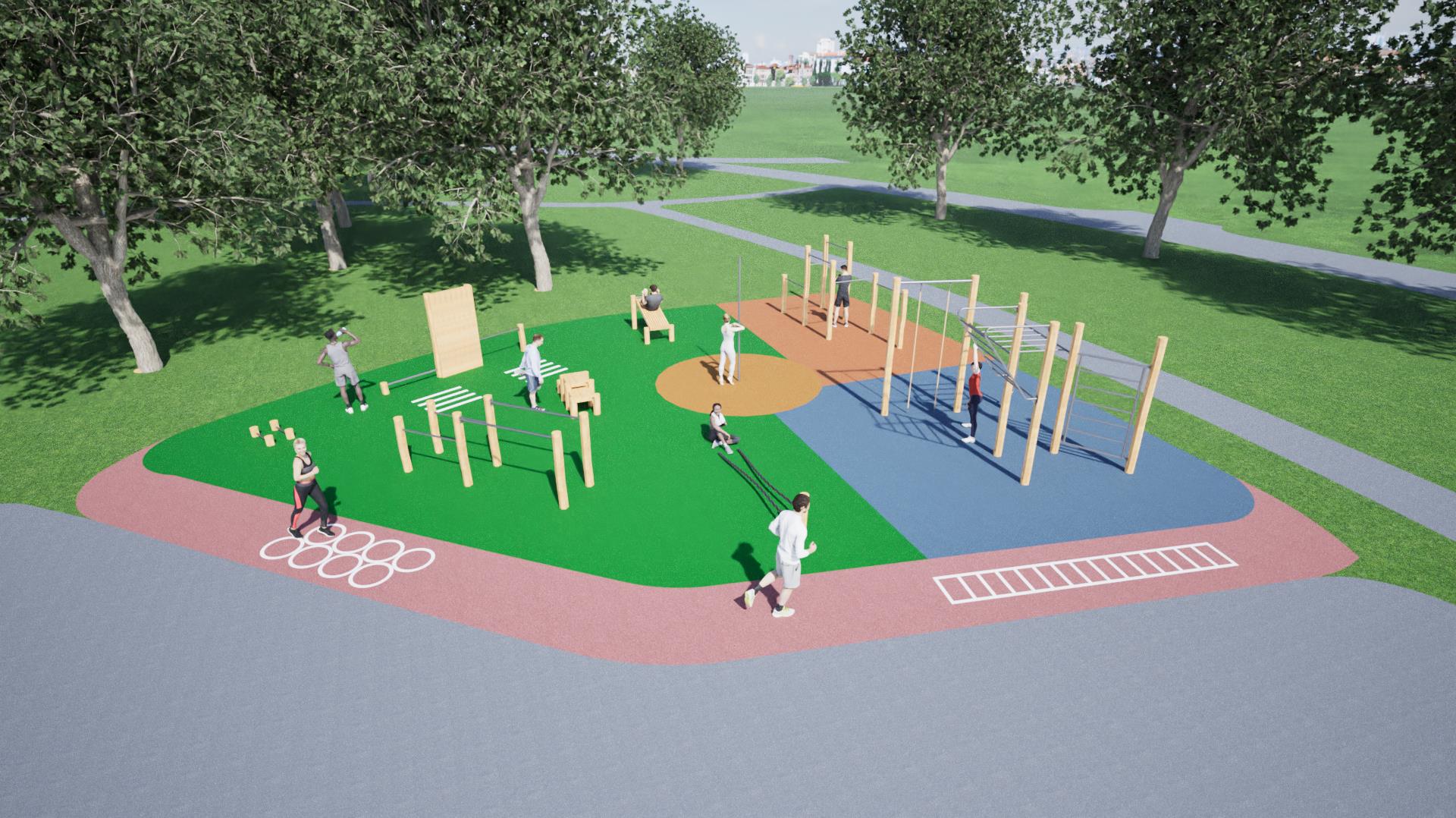 Tweede ontwerpaanzicht van de sporttoestellen en de aansluiting op het parklandschap